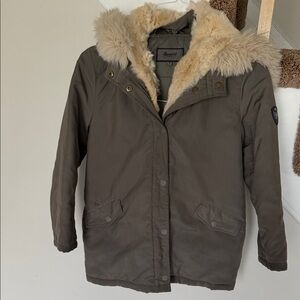 Bonpoint Olive Hooded Puffer Coat with Faux Fur Trim